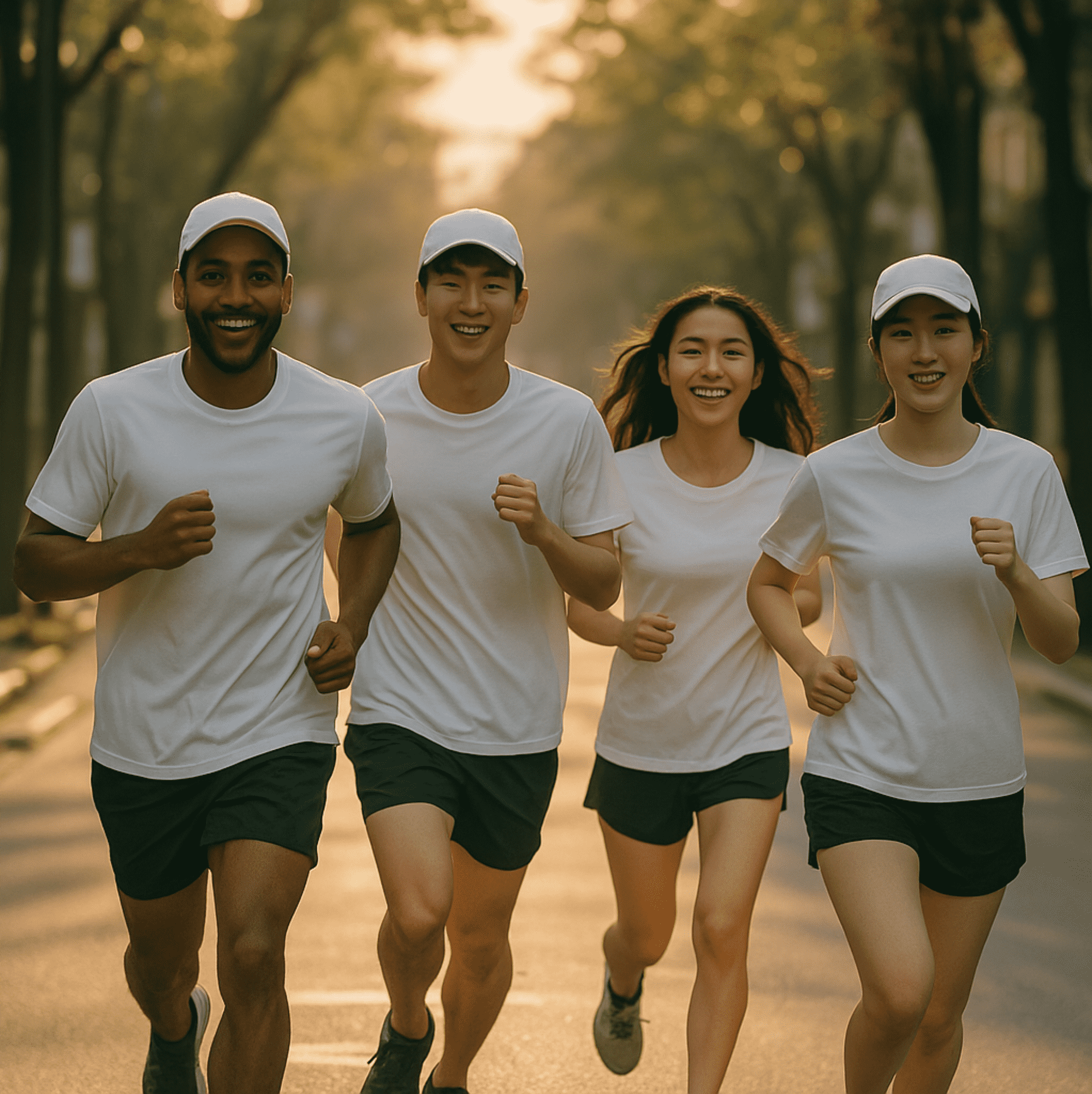 a group of people are running down a street together