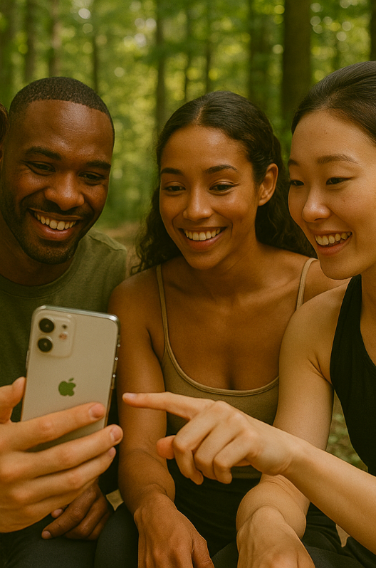 a group of people are looking at an apple phone