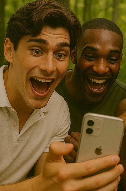 two men are laughing while looking at an apple phone